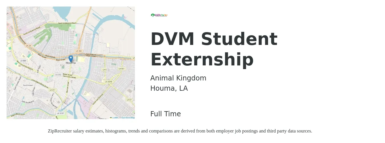 Animal Kingdom job posting for a DVM Student Externship in Houma, LA with a salary of $108,300 to $210,800 Yearly with a map of Houma location.