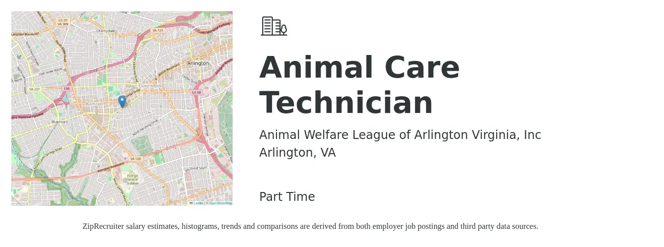 Animal Welfare League of Arlington Virginia, Inc job posting for a Animal Care Technician in Arlington, VA with a salary of $17 to $21 Hourly with a map of Arlington location.