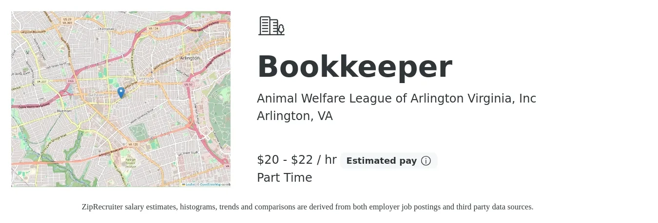 Animal Welfare League of Arlington Virginia, Inc job posting for a Bookkeeper in Arlington, VA with a salary of $21 to $24 Hourly with a map of Arlington location.