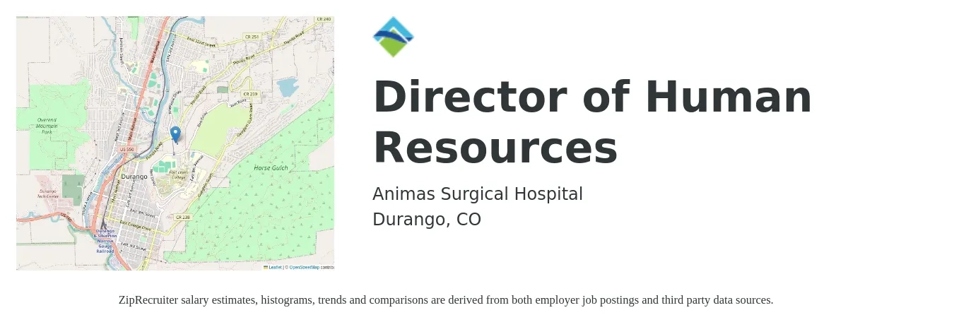 Animas Surgical Hospital, LLC job posting for a Director of Human Resources in Durango, CO with a salary of $83,300 to $133,000 Yearly with a map of Durango location.