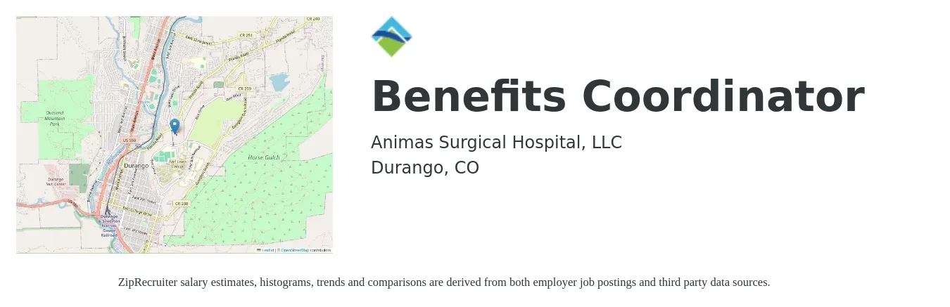 Animas Surgical Hospital, LLC job posting for a Benefits Coordinator in Durango, CO with a salary of $20 to $29 Hourly with a map of Durango location.