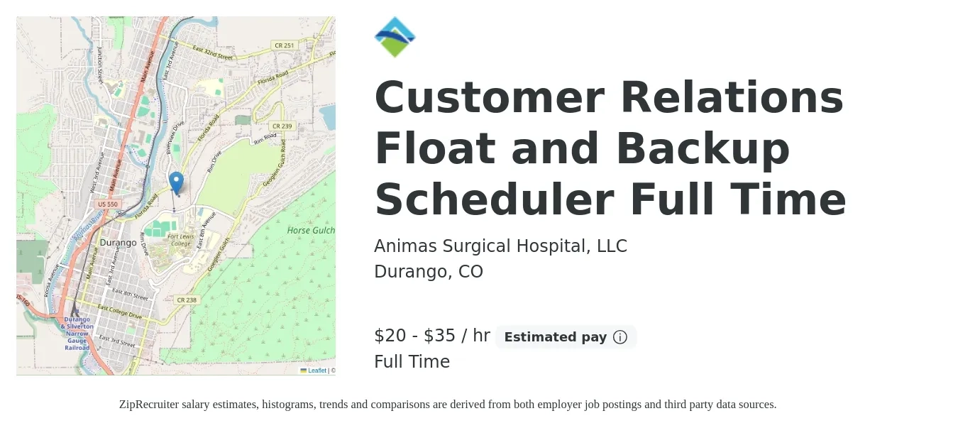 Animas Surgical Hospital, LLC job posting for a Customer Relations Float and Backup Scheduler Full Time in Durango, CO with a salary of $21 to $37 Hourly with a map of Durango location.