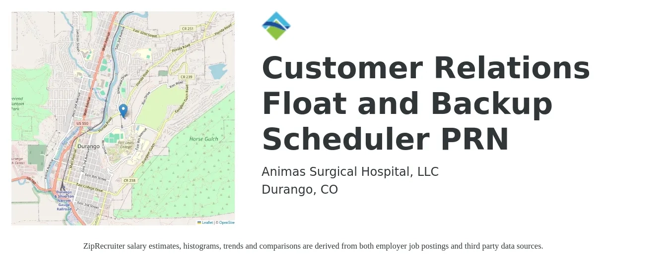 Animas Surgical Hospital, LLC job posting for a Customer Relations Float and Backup Scheduler PRN in Durango, CO with a salary of $21 to $37 Hourly with a map of Durango location.