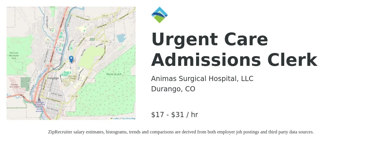 Animas Surgical Hospital, LLC job posting for a Urgent Care Admissions Clerk in Durango, CO with a salary of $18 to $33 Hourly with a map of Durango location.
