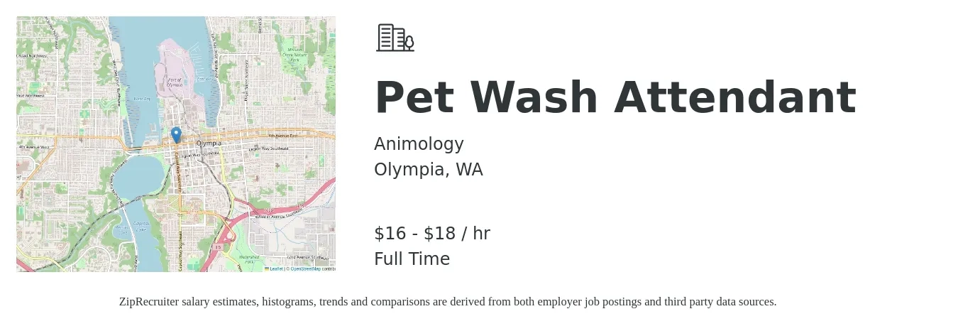 Animology job posting for a Pet Wash Attendant in Olympia, WA with a salary of $18 to $19 Hourly with a map of Olympia location.