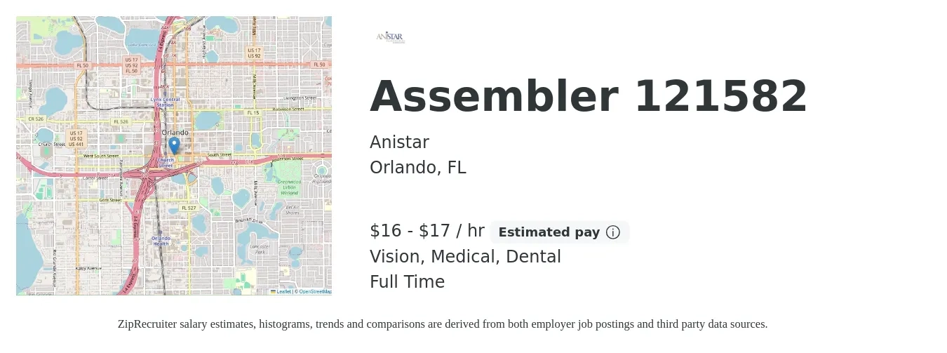 Anistar job posting for a Assembler 121582 in Orlando, FL with a salary of $17 to $18 Hourly and benefits including medical, vision, and dental with a map of Orlando location.