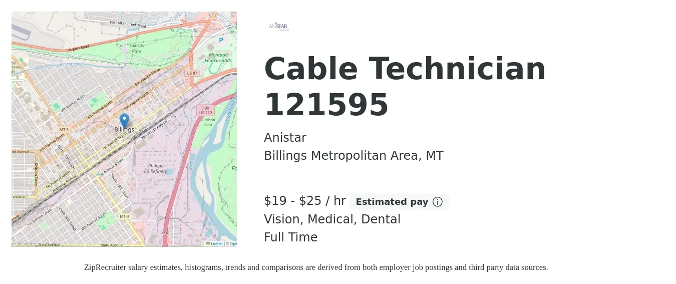 Anistar job posting for a Cable Technician 121595 in Billings Metropolitan Area, MT with a salary of $20 to $26 Hourly and benefits including dental, medical, retirement, and vision with a map of Billings Metropolitan Area location.