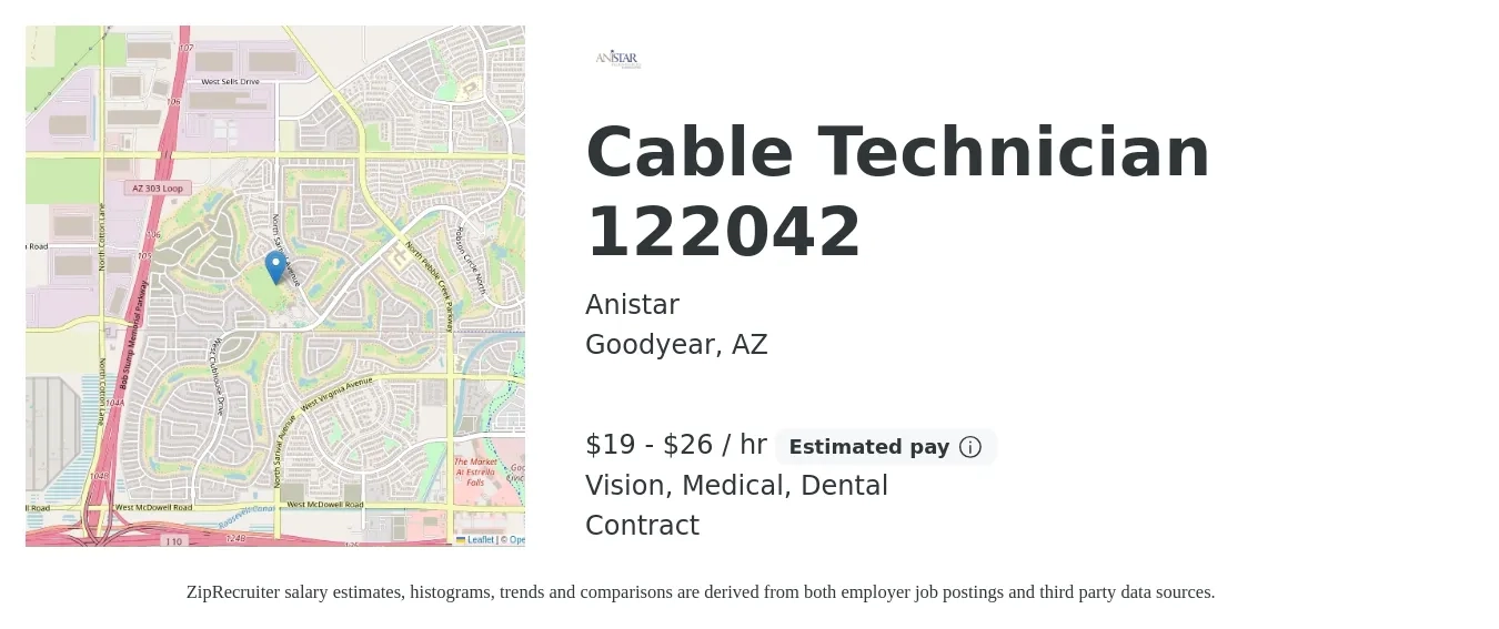 Anistar job posting for a Cable Technician 122042 in Goodyear, AZ with a salary of $20 to $28 Hourly and benefits including retirement, vision, dental, and medical with a map of Goodyear location.