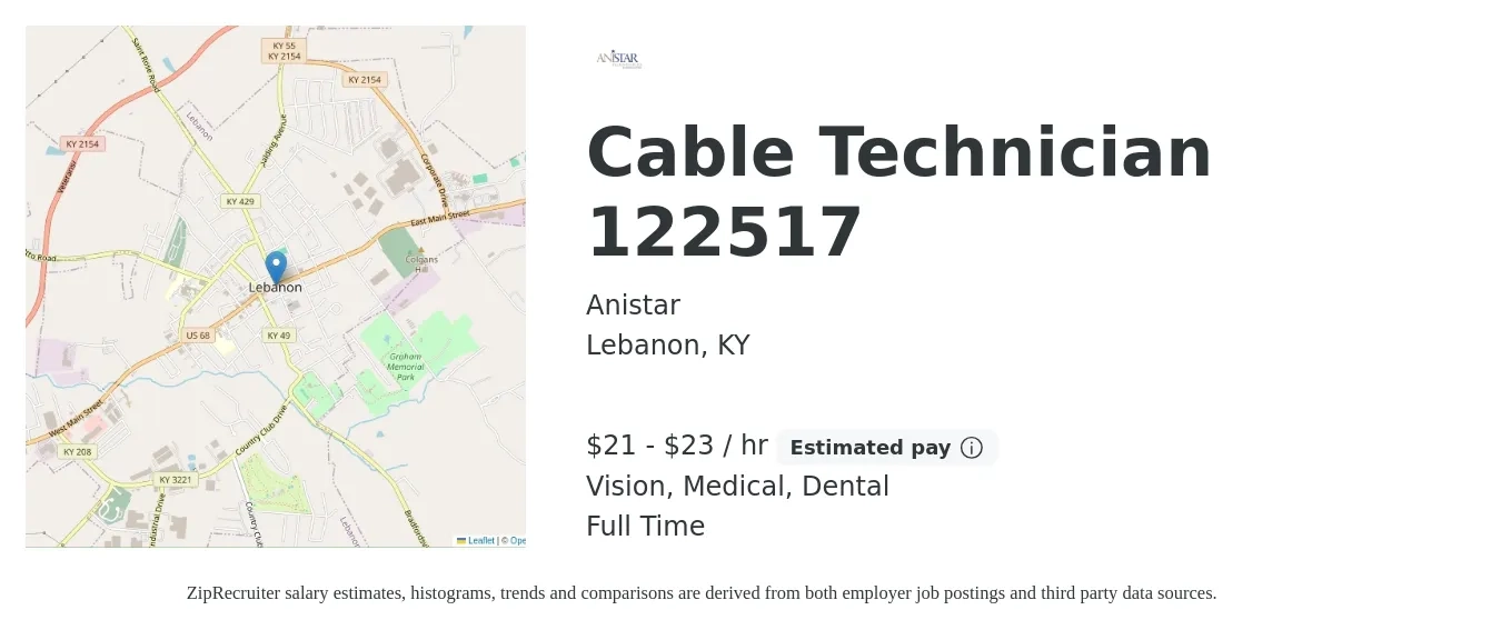Anistar job posting for a Cable Technician 122517 in Lebanon, KY with a salary of $22 to $24 Hourly and benefits including vision, dental, and medical with a map of Lebanon location.