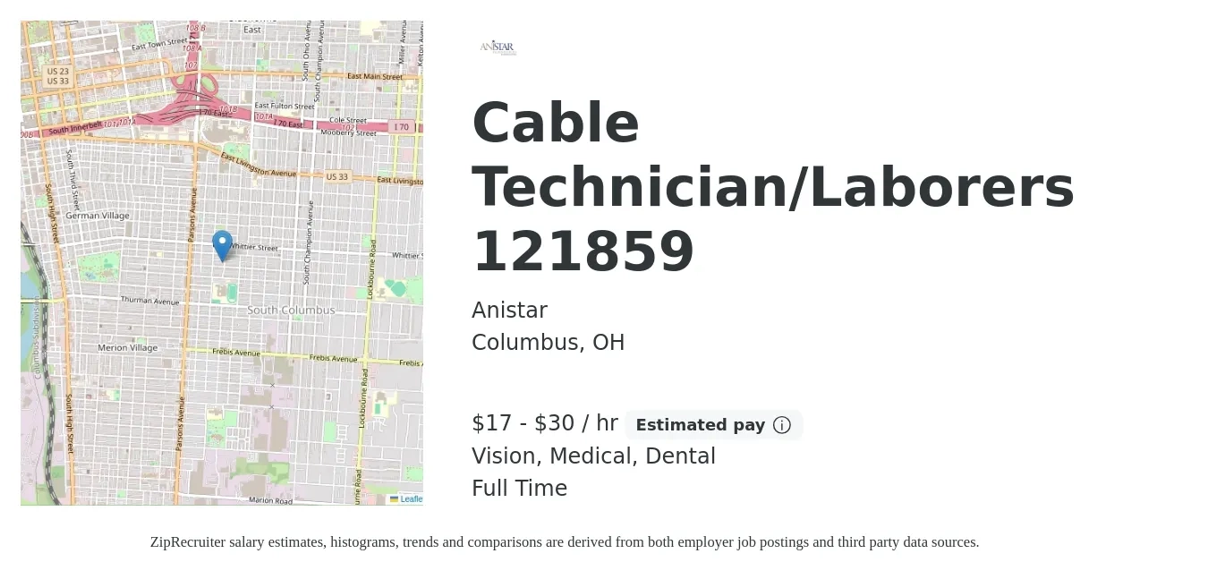 Anistar job posting for a Cable Technician/Laborers 121859 in Columbus, OH with a salary of $18 to $32 Hourly and benefits including dental, medical, retirement, and vision with a map of Columbus location.
