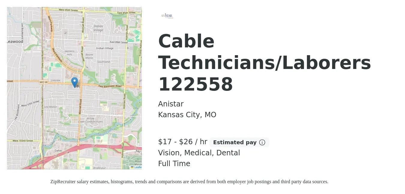 Anistar job posting for a Cable Technicians/Laborers 122558 in Kansas City, MO with a salary of $18 to $28 Hourly and benefits including vision, dental, and medical with a map of Kansas City location.