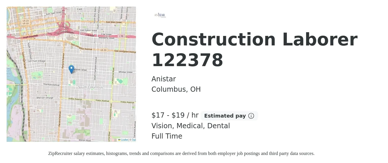 Anistar job posting for a Construction Laborer 122378 in Columbus, OH with a salary of $18 to $20 Hourly and benefits including dental, medical, and vision with a map of Columbus location.
