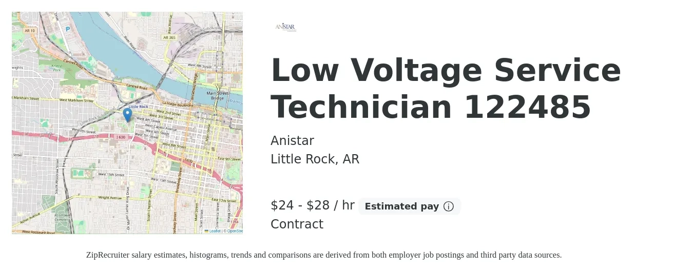 Anistar job posting for a Low Voltage Service Technician 122485 in Little Rock, AR with a salary of $25 to $30 Hourly with a map of Little Rock location.