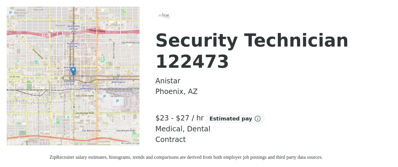 Anistar job posting for a Security Technician 122473 in Phoenix, AZ with a salary of $24 to $29 Hourly and benefits including dental, life_insurance, medical, and pto with a map of Phoenix location.