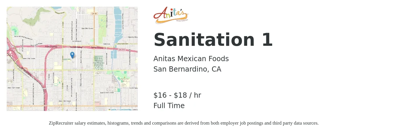 Anitas Mexican Foods Corp job posting for a Sanitation 1 in San Bernardino, CA with a salary of $17 to $19 Hourly with a map of San Bernardino location.