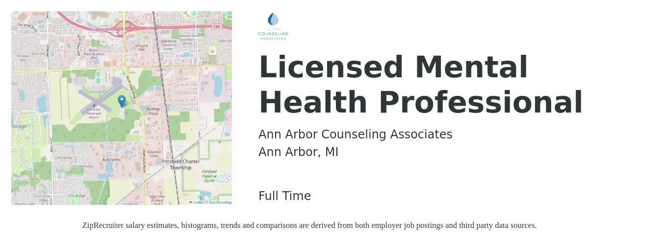 Ann Arbor Counseling Associates job posting for a Licensed Mental Health Professional in Ann Arbor, MI with a salary of $55,000 to $61,569 Yearly with a map of Ann Arbor location.