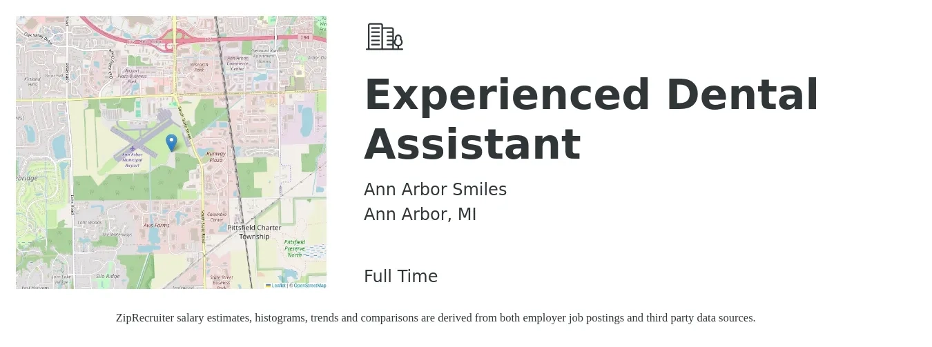 Ann Arbor Smiles job posting for a Experienced Dental Assistant in Ann Arbor, MI with a salary of $18 to $23 Hourly with a map of Ann Arbor location.