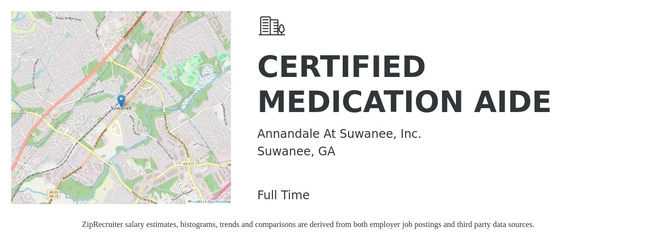 Annandale At Suwanee, Inc. job posting for a CERTIFIED MEDICATION AIDE in Suwanee, GA with a salary of $15 to $18 Hourly with a map of Suwanee location.