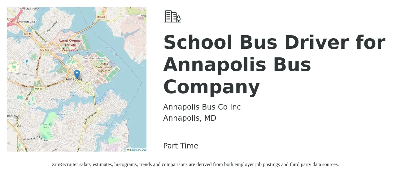 Annapolis Bus Co Inc job posting for a School Bus Driver for Annapolis Bus Company in Annapolis, MD with a salary of $800 Weekly with a map of Annapolis location.