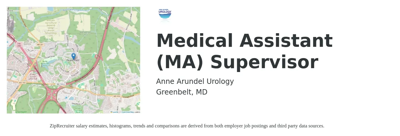 Anne Arundel Urology job posting for a Medical Assistant (MA) Supervisor in Greenbelt, MD with a salary of $19 to $24 Hourly with a map of Greenbelt location.