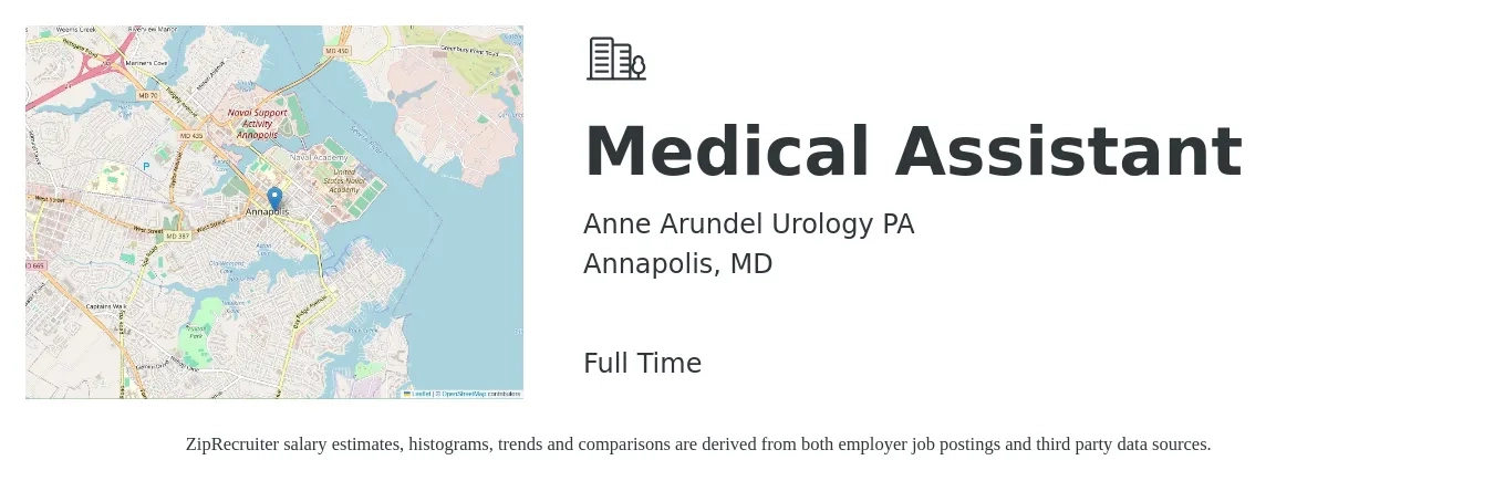 Anne Arundel Urology PA job posting for a Medical Assistant in Annapolis, MD with a salary of $18 to $22 Hourly with a map of Annapolis location.