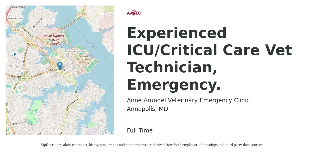 Anne Arundel Veterinary Emergency Clinic job posting for a Experienced ICU/Critical Care Vet Technician, Emergency. in Annapolis, MD with a salary of $20 to $28 Hourly with a map of Annapolis location.