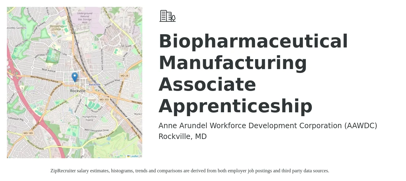 Anne Arundel Workforce Development Corporation (AAWDC) job posting for a Biopharmaceutical Manufacturing Associate Apprenticeship in Rockville, MD with a salary of $17 to $25 Hourly with a map of Rockville location.