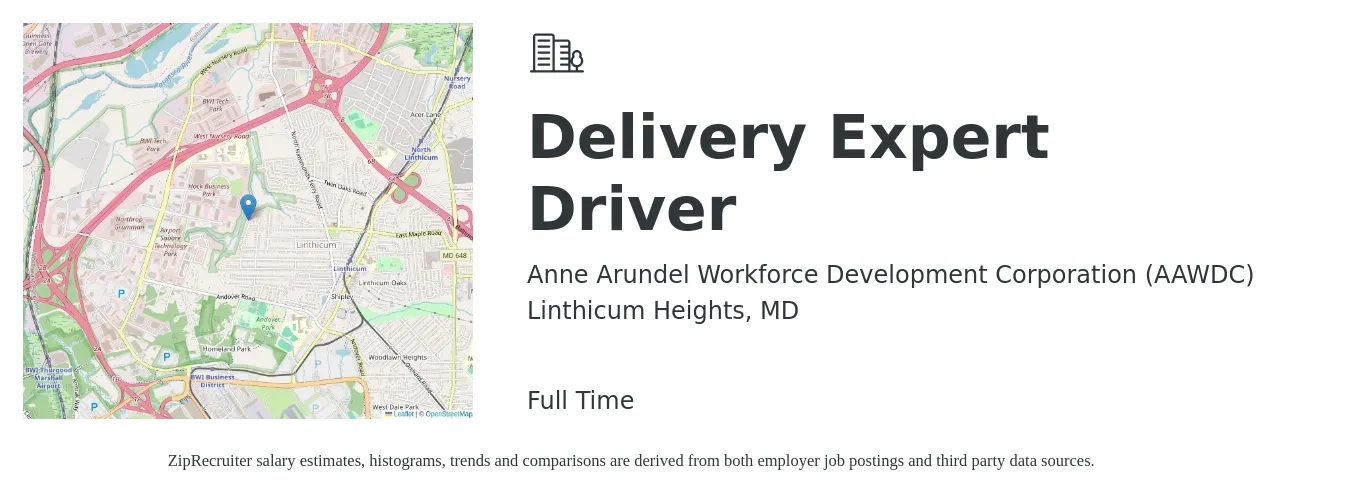 Anne Arundel Workforce Development Corporation (AAWDC) job posting for a Delivery Expert Driver in Linthicum Heights, MD with a salary of $17 to $21 Hourly with a map of Linthicum Heights location.