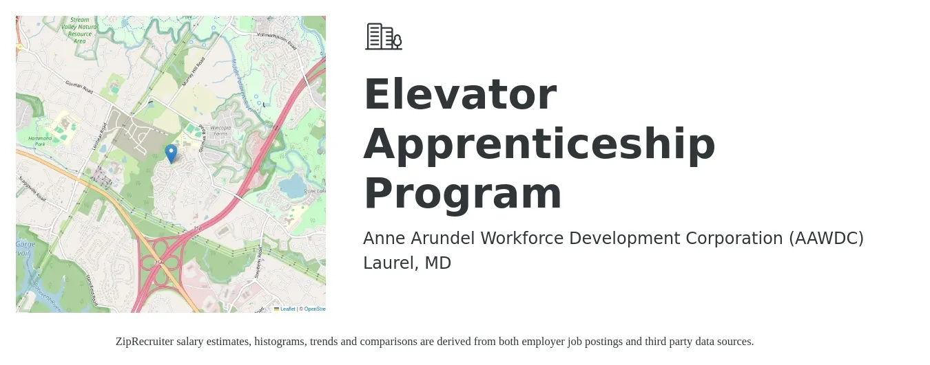 Anne Arundel Workforce Development Corporation (AAWDC) job posting for a Elevator Apprenticeship Program in Laurel, MD with a salary of $24 to $46 Hourly with a map of Laurel location.