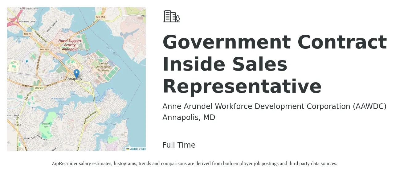 Anne Arundel Workforce Development Corporation (AAWDC) job posting for a Government Contract Inside Sales Representative in Annapolis, MD with a salary of $39,100 to $58,400 Yearly with a map of Annapolis location.