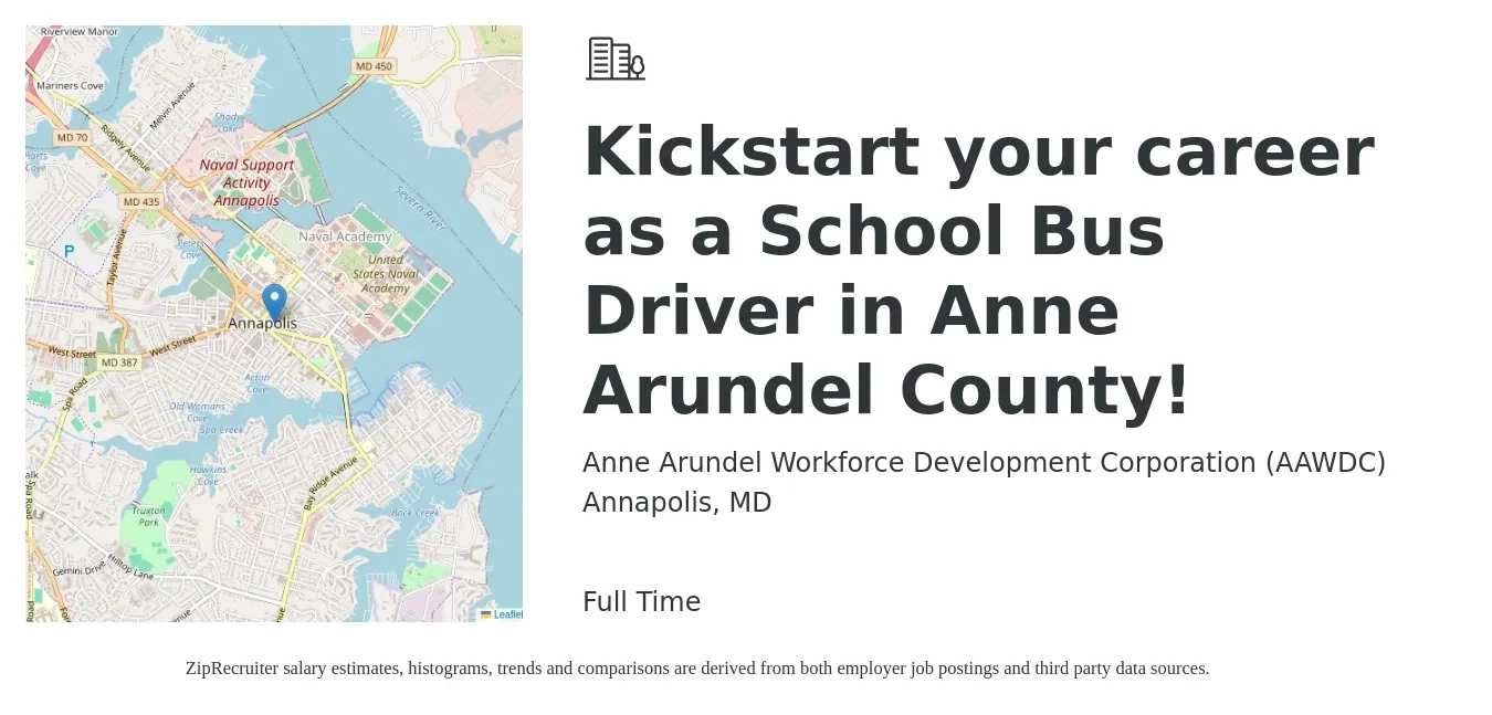 Anne Arundel Workforce Development Corporation (AAWDC) job posting for a Kickstart your career as a School Bus Driver in Anne Arundel County! in Annapolis, MD with a salary of $17 to $25 Hourly with a map of Annapolis location.
