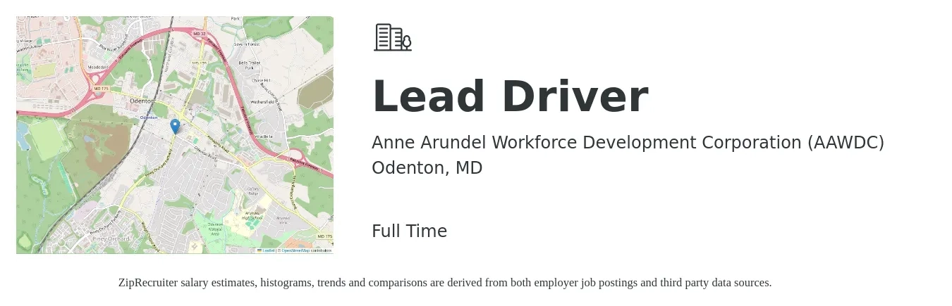 Anne Arundel Workforce Development Corporation (AAWDC) job posting for a Lead Driver in Odenton, MD with a salary of $21 to $28 Hourly with a map of Odenton location.