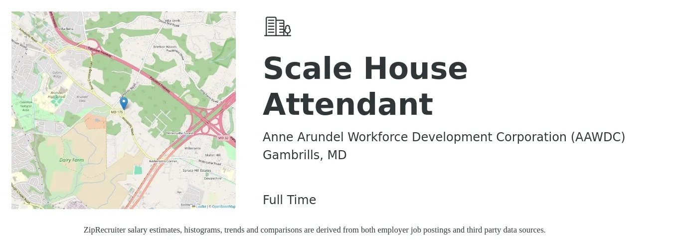 Anne Arundel Workforce Development Corporation (AAWDC) job posting for a Scale House Attendant in Gambrills, MD with a salary of $16 to $20 Hourly with a map of Gambrills location.