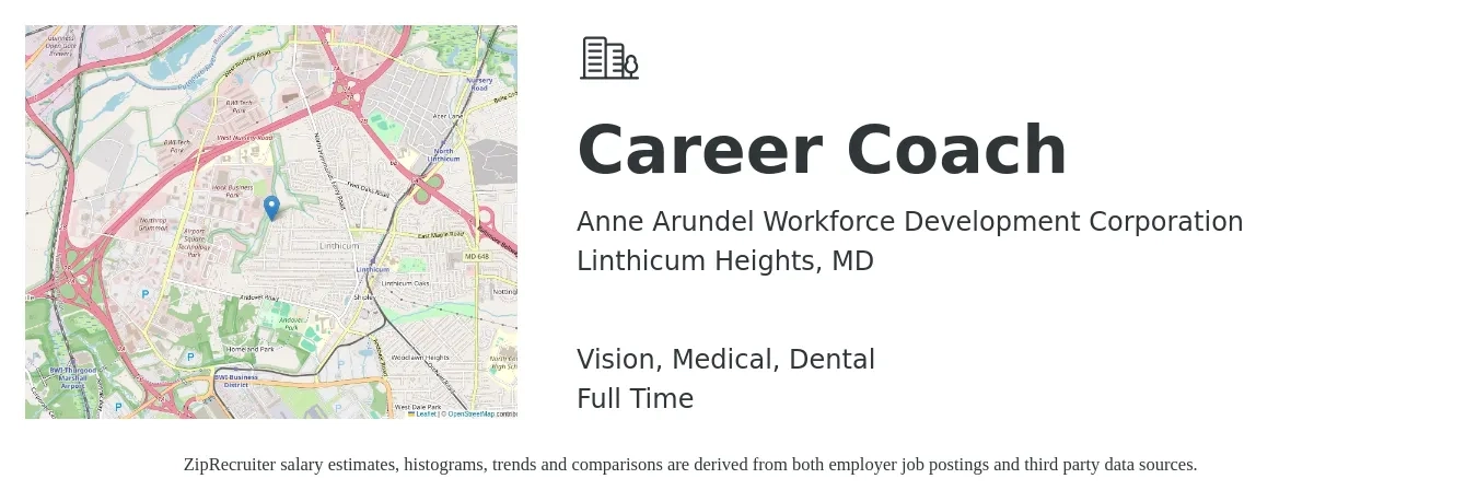 Anne Arundel Workforce Development Corporation job posting for a Career Coach in Linthicum Heights, MD with a salary of $19 to $26 Hourly and benefits including dental, life_insurance, medical, and vision with a map of Linthicum Heights location.