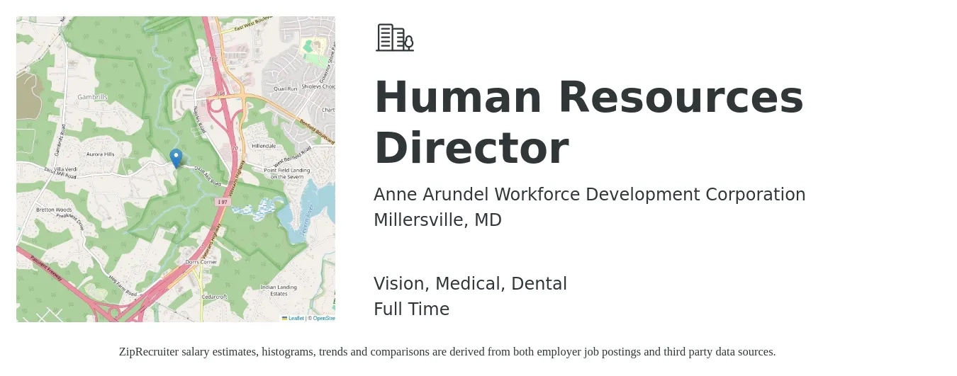 Anne Arundel Workforce Development Corporation job posting for a Human Resources Director in Millersville, MD with a salary of $86,000 to $132,700 Yearly and benefits including retirement, vision, dental, life_insurance, and medical with a map of Millersville location.