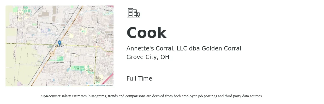 Annette's Corral, LLC dba Golden Corral job posting for a Cook in Grove City, OH with a salary of $13 to $18 Hourly with a map of Grove City location.