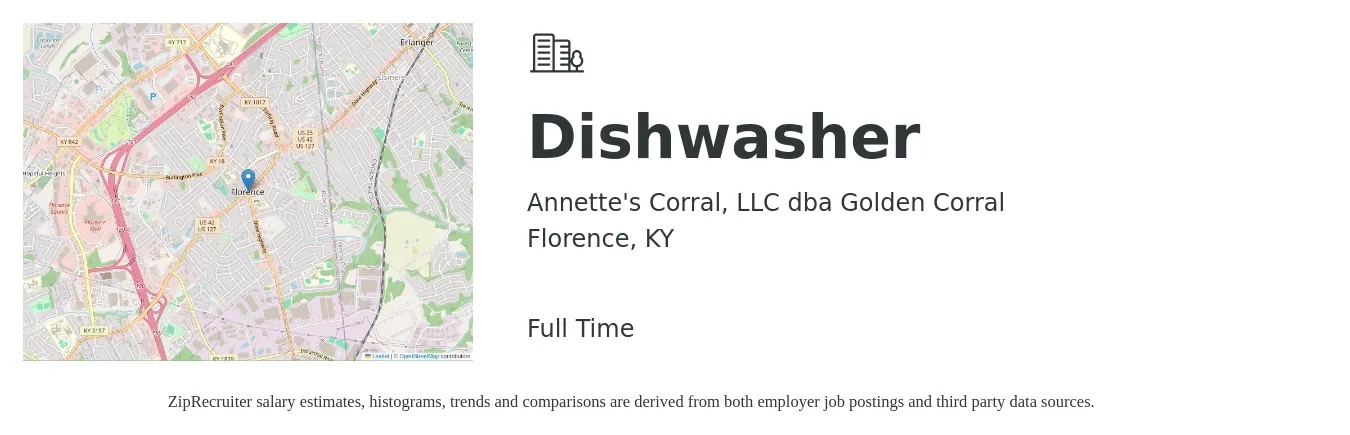 Annette's Corral, LLC dba Golden Corral job posting for a Dishwasher in Florence, KY with a salary of $13 to $16 Hourly with a map of Florence location.