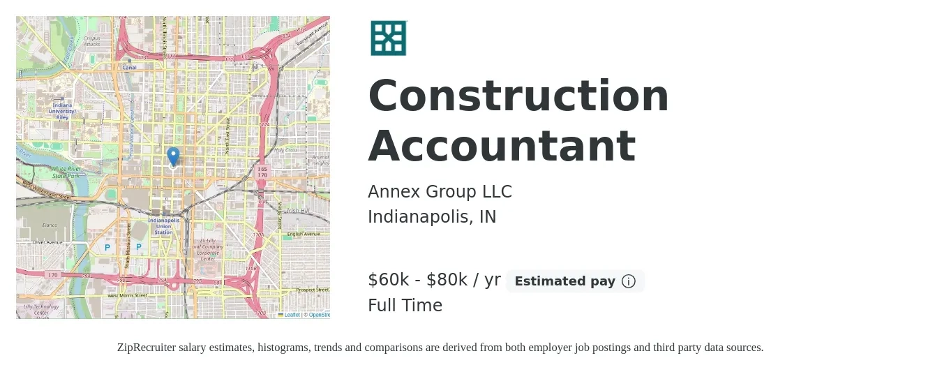 Annex Group LLC job posting for a Construction Accountant in Indianapolis, IN with a salary of $60,700 to $79,800 Yearly with a map of Indianapolis location.