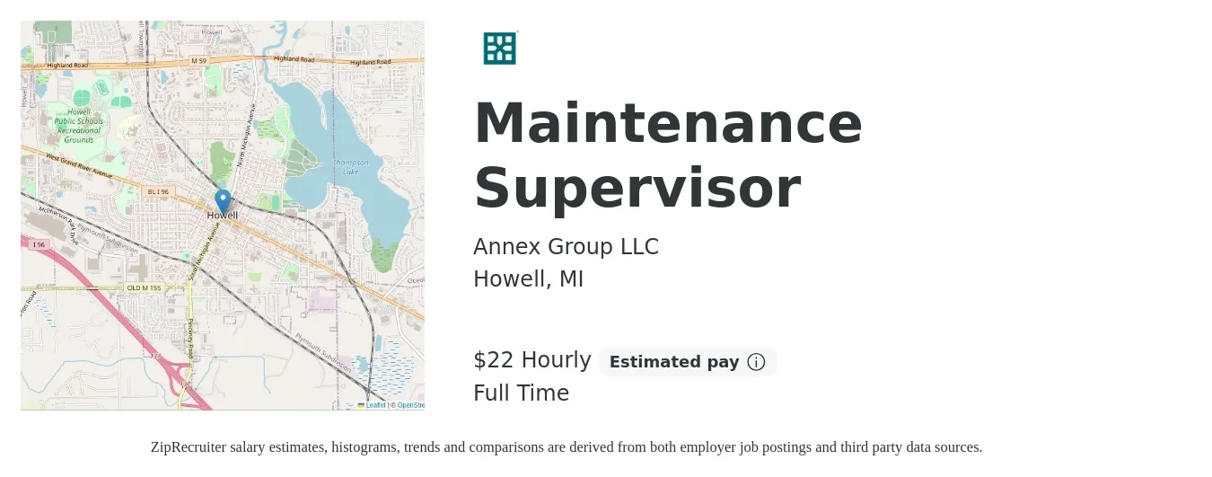 Annex Group LLC job posting for a Maintenance Supervisor in Howell, MI with a salary of $23 Hourly with a map of Howell location.