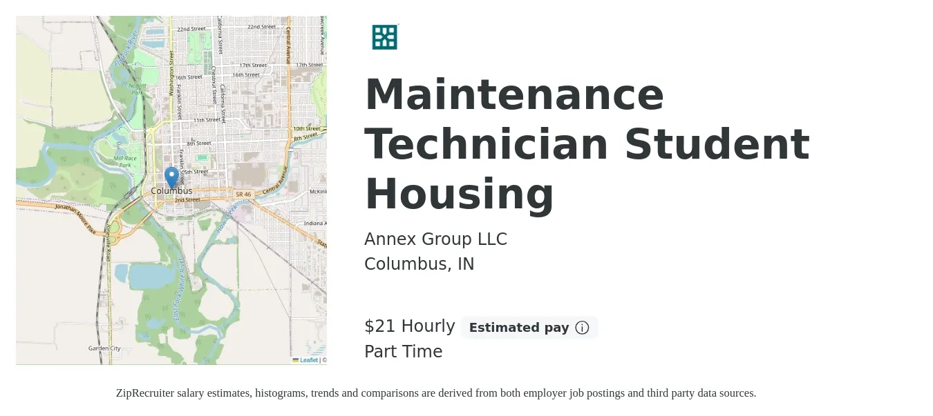 Annex Group LLC job posting for a Maintenance Technician Student Housing in Columbus, IN with a salary of $22 Hourly with a map of Columbus location.