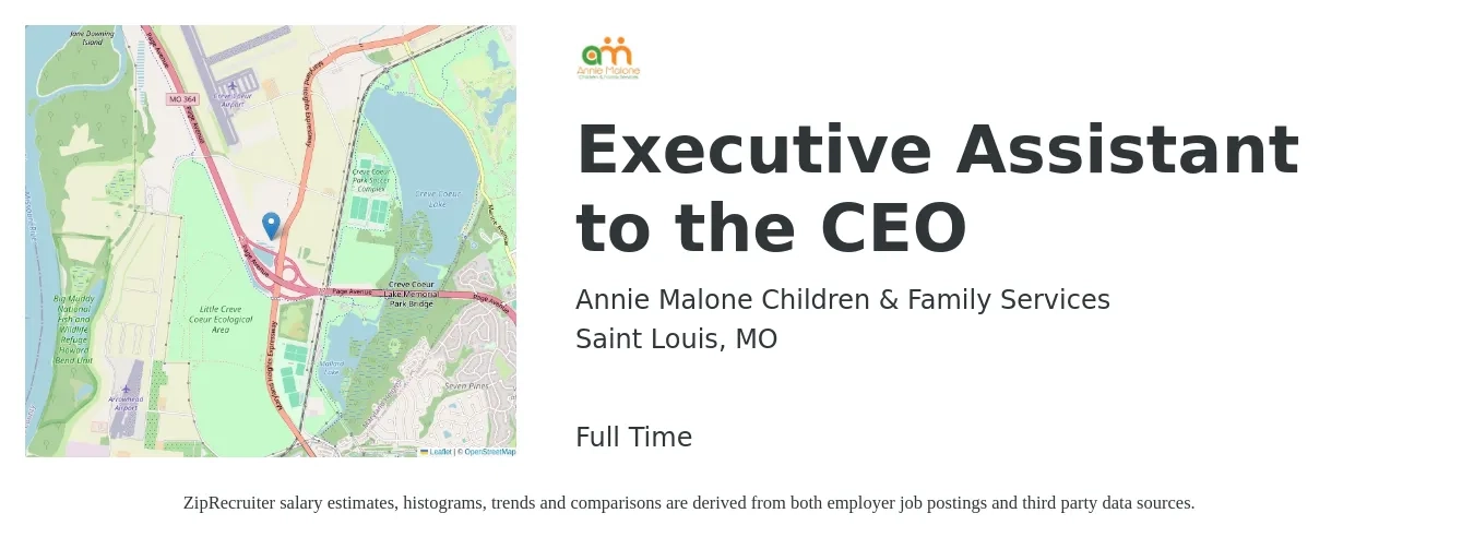 Annie Malone Children & Family Services job posting for a Executive Assistant to the CEO in Saint Louis, MO with a salary of $45,000 to $50,000 Yearly with a map of Saint Louis location.