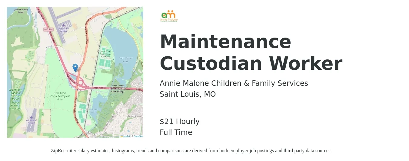 Annie Malone Children & Family Services job posting for a Maintenance Custodian Worker in Saint Louis, MO with a salary of $22 Hourly with a map of Saint Louis location.