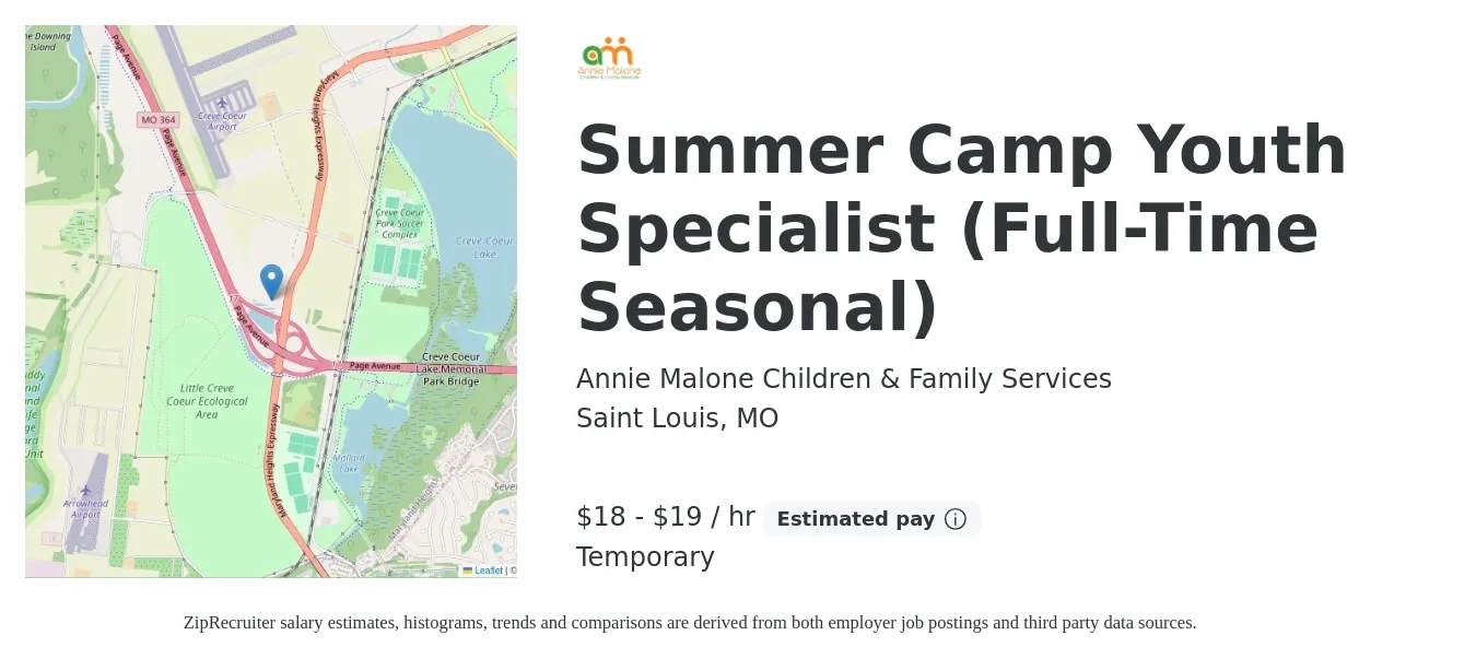 Annie Malone Children & Family Services job posting for a Summer Camp Youth Specialist (Full-Time Seasonal) in Saint Louis, MO with a salary of $19 to $20 Hourly with a map of Saint Louis location.
