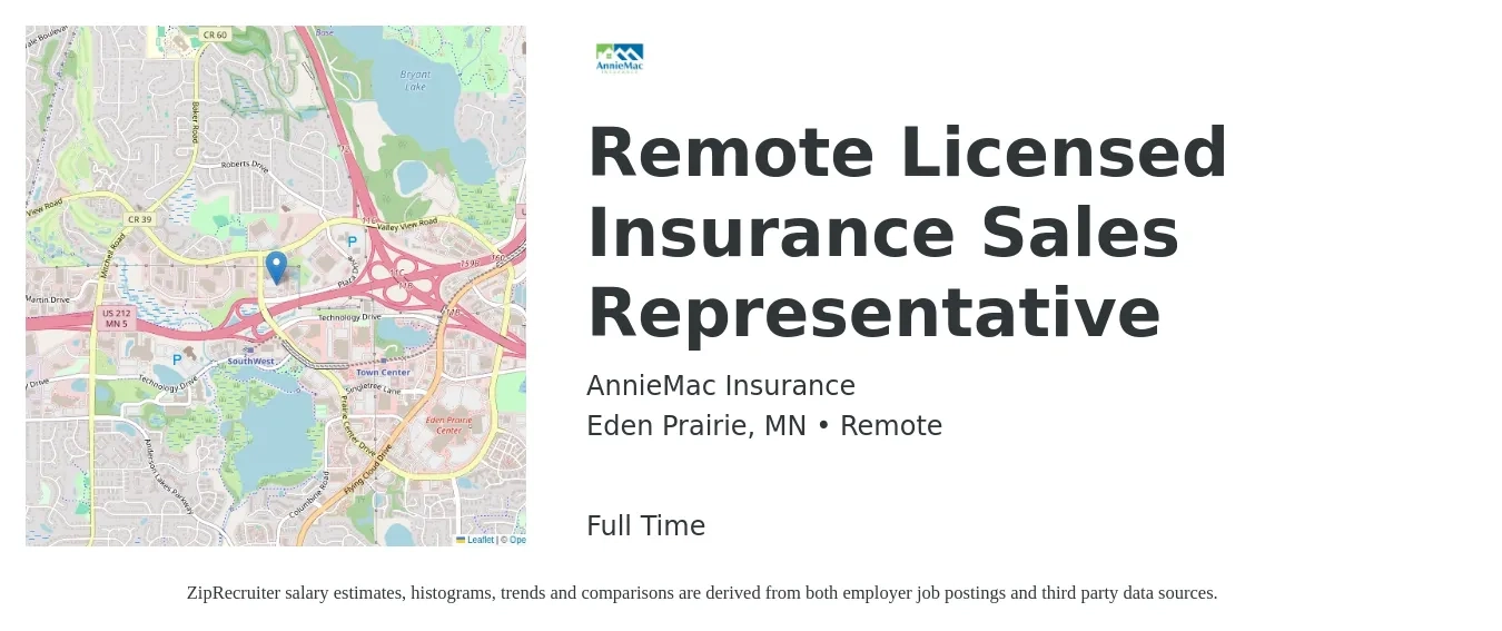AnnieMac Insurance job posting for a Remote Licensed Insurance Sales Representative in Eden Prairie, MN with a salary of $45,900 to $113,700 Yearly with a map of Eden Prairie location.