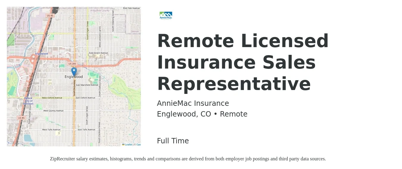 AnnieMac Insurance job posting for a Remote Licensed Insurance Sales Representative in Englewood, CO with a salary of $44,400 to $110,100 Yearly with a map of Englewood location.