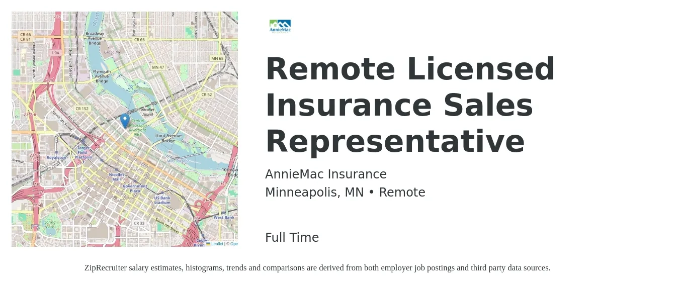 AnnieMac Insurance job posting for a Remote Licensed Insurance Sales Representative in Minneapolis, MN with a salary of $46,700 to $115,800 Yearly with a map of Minneapolis location.