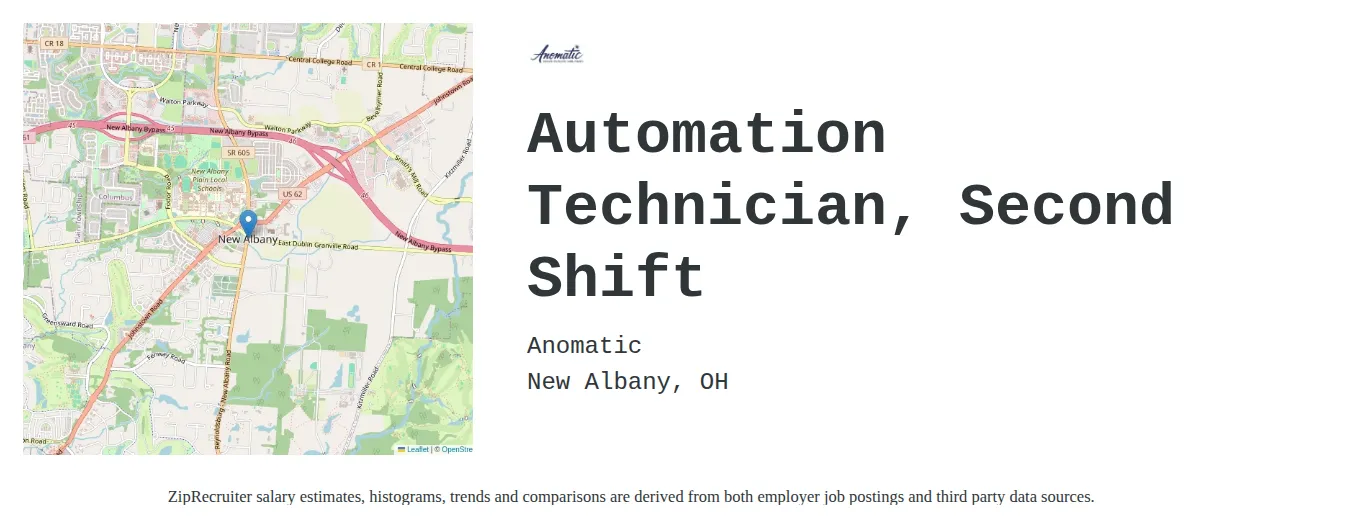 Anomatic Corporation job posting for a Automation Technician, Second Shift in New Albany, OH with a salary of $40,400 Annually and benefits including Medical, PTO, and Retirement with a map of New Albany location.