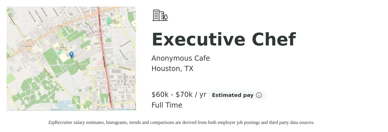 Anonymous Cafe job posting for a Executive Chef in Houston, TX with a salary of $60,000 to $70,000 Yearly with a map of Houston location.