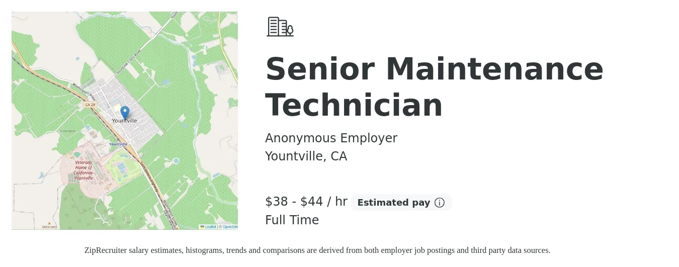 Anonymous Employer job posting for a Senior Maintenance Technician in Yountville, CA with a salary of $40 to $46 Hourly with a map of Yountville location.