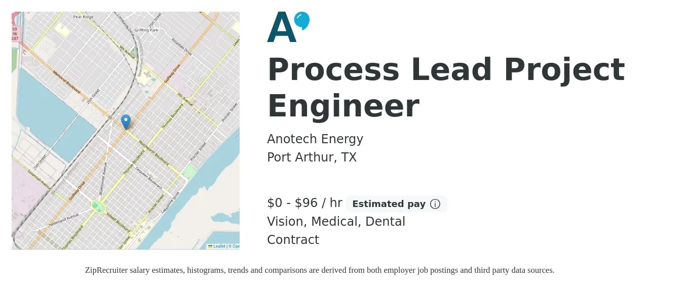 Anotech Energy job posting for a Process Lead Project Engineer in Port Arthur, TX with a salary of $1 to $100 Hourly and benefits including dental, life_insurance, medical, retirement, and vision with a map of Port Arthur location.